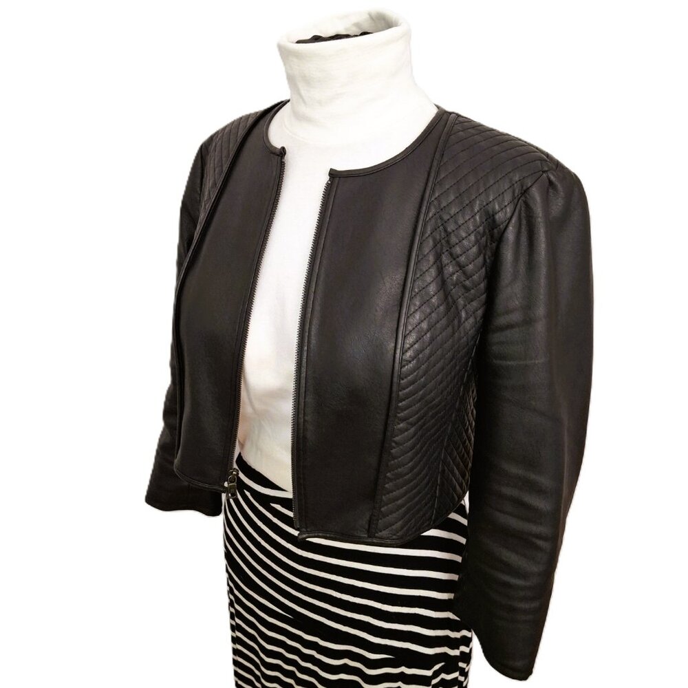 BCBGMAXAZRIA Vegan Leather Crop Jacket Sz Lg Black Lined Quilted Zip - Picture 8 of 15